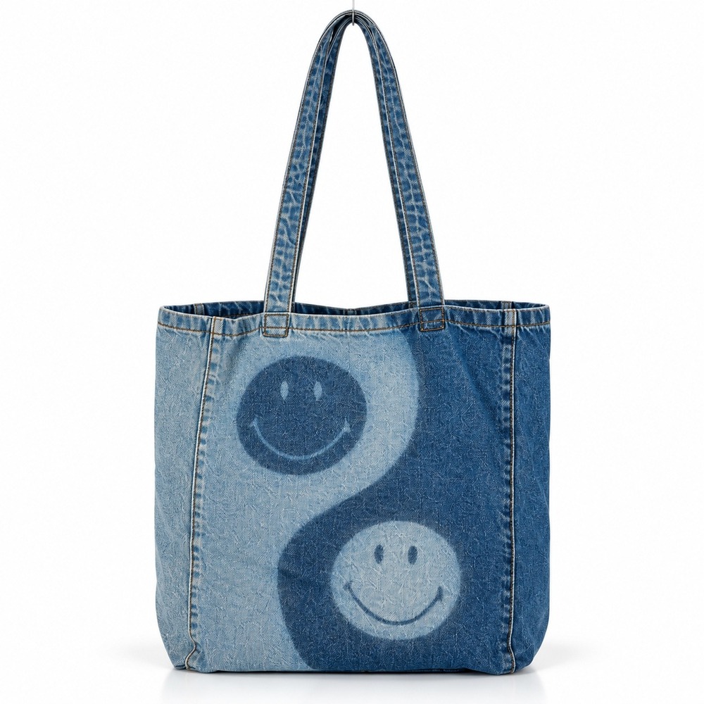 American Eagle Denim Tote Bag OS Blue Yin Yang Smiley Face Retro Boho Streetwear